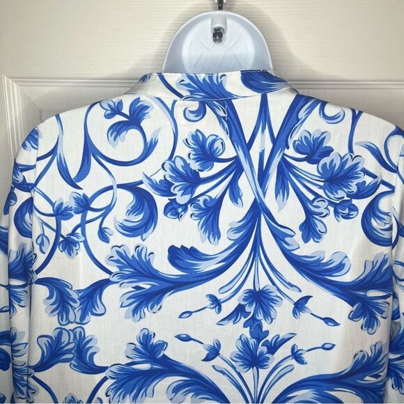 LINA TOMEI Italy Long Sleeve Cotton Baroque Drop Waist Dress Blue Floral M NWT - Picture 10 of 13